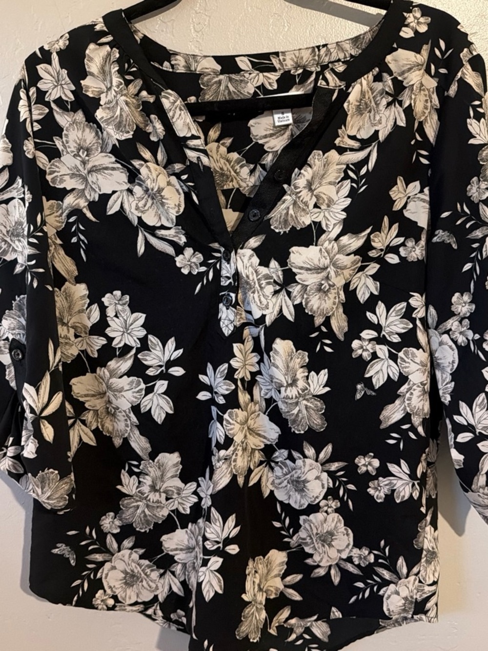 Black Floral Henley Blouse - Classic Button-Neck Top